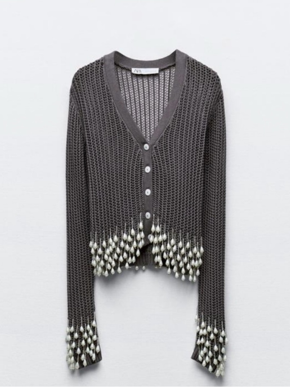 Zara Pearl Fringe Knit Cardigan cascading pearls Beads Grey 3969/003 NWT - Picture 2 of 7